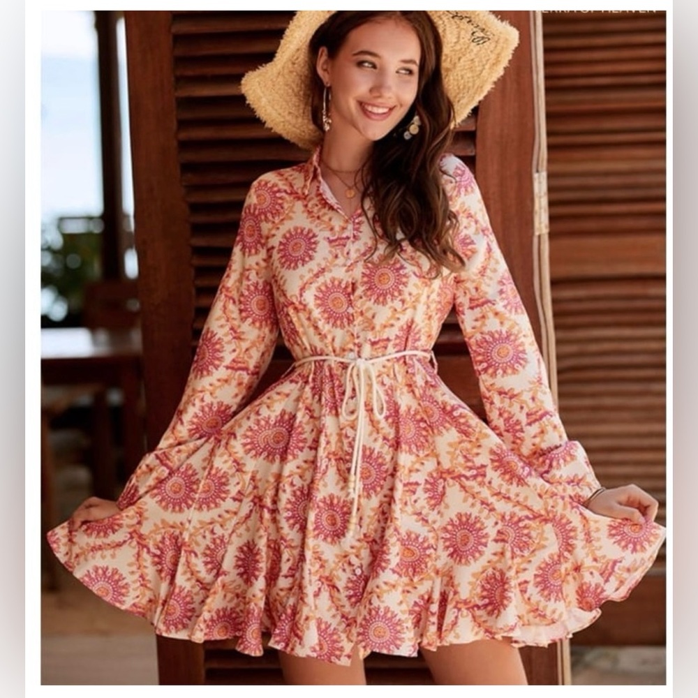 Zara Pink Cream Floral Tie-Waist Mini Dress